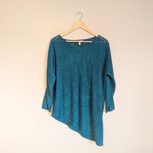 Eileen Fisher 100% Linen Teal Asymmetrical Top